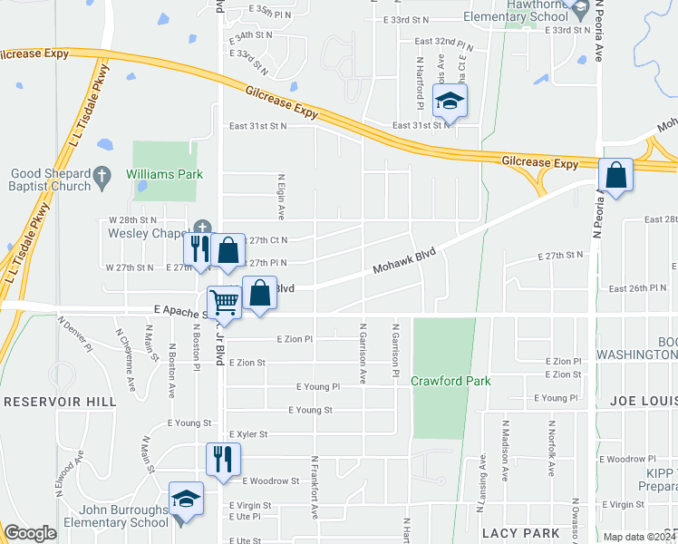 map of restaurants, bars, coffee shops, grocery stores, and more near 525 Mohawk Boulevard in Tulsa