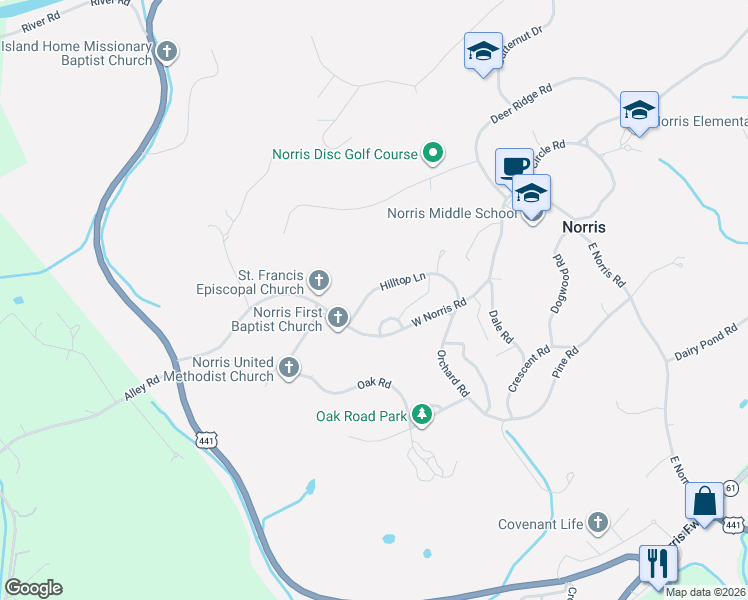 map of restaurants, bars, coffee shops, grocery stores, and more near 161 Hilltop Lane in Norris