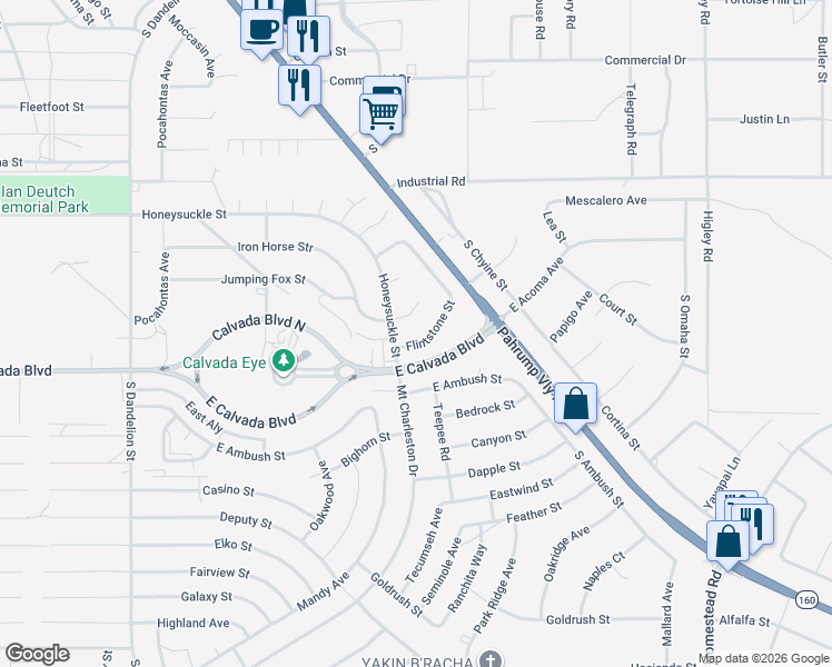 map of restaurants, bars, coffee shops, grocery stores, and more near 2400 Flintstone Street in Pahrump