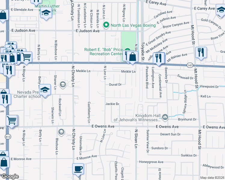map of restaurants, bars, coffee shops, grocery stores, and more near 5769 Duval Drive in Las Vegas