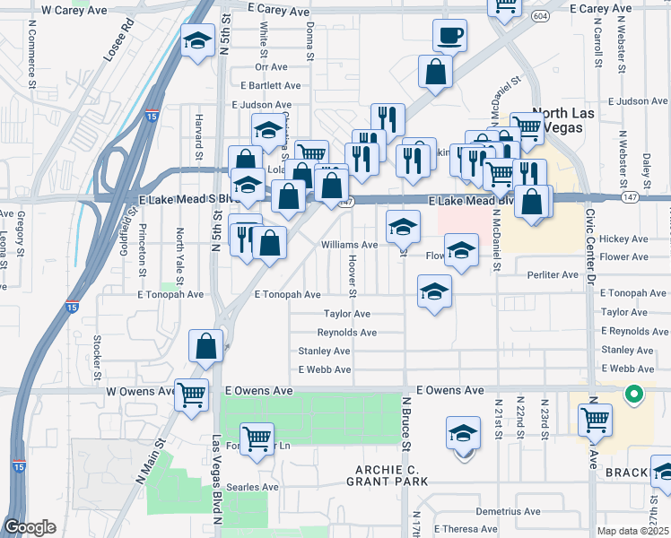 map of restaurants, bars, coffee shops, grocery stores, and more near 1833 Hoover Street in North Las Vegas