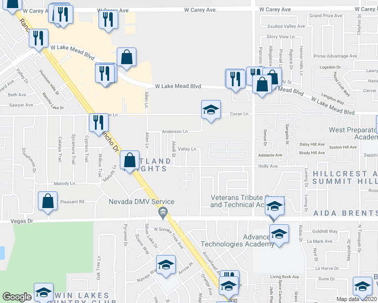 map of restaurants, bars, coffee shops, grocery stores, and more near 3432 Valley Lane in Las Vegas