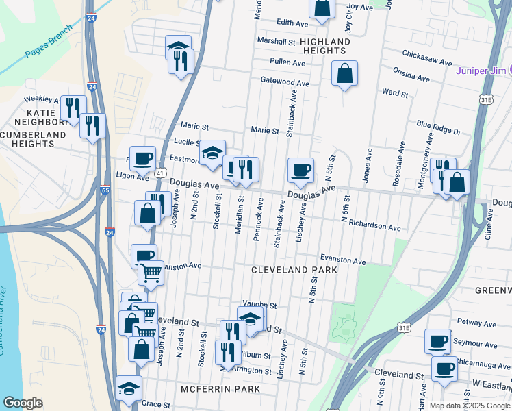 map of restaurants, bars, coffee shops, grocery stores, and more near 1220 Pennock Avenue in Nashville
