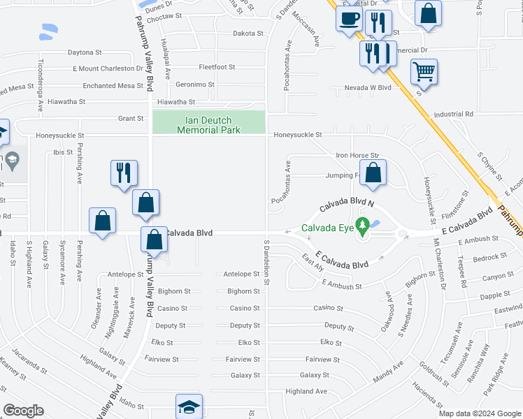 map of restaurants, bars, coffee shops, grocery stores, and more near 1810 South Dandelion Street in Pahrump