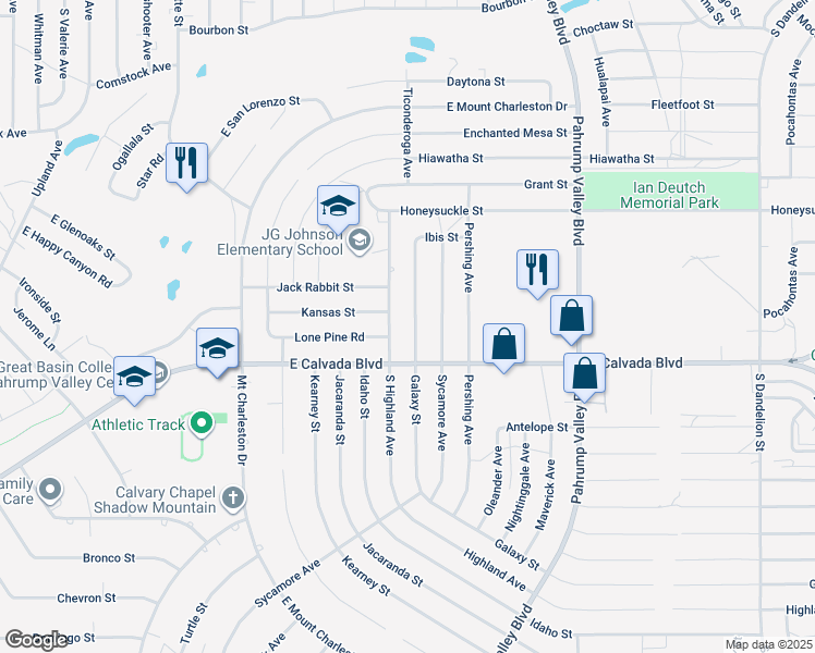map of restaurants, bars, coffee shops, grocery stores, and more near 1800 Galaxy Street in Pahrump