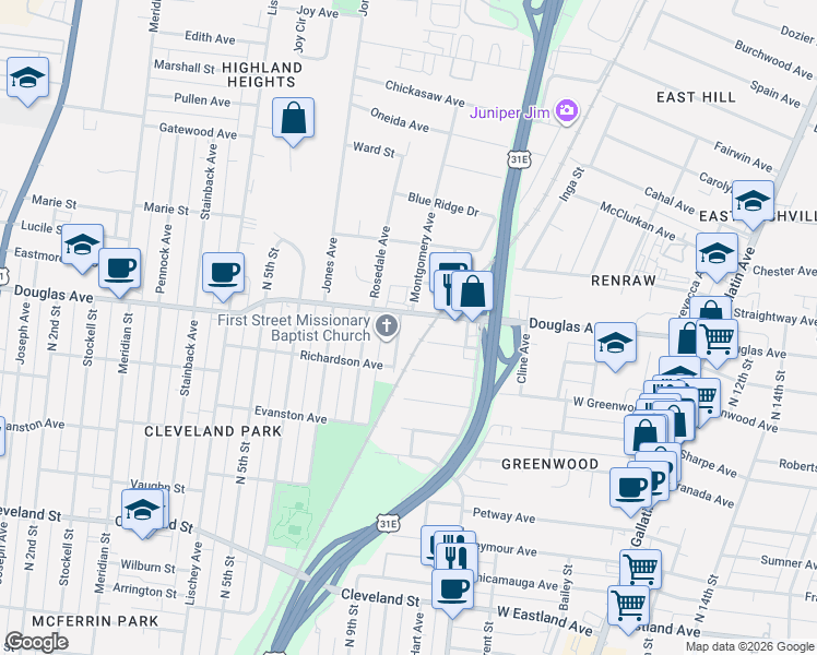 map of restaurants, bars, coffee shops, grocery stores, and more near 738 Douglas Avenue in Nashville