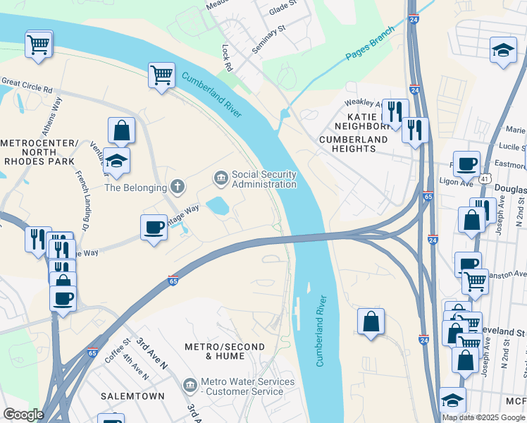 map of restaurants, bars, coffee shops, grocery stores, and more near 200 Cumberland Bend in Nashville