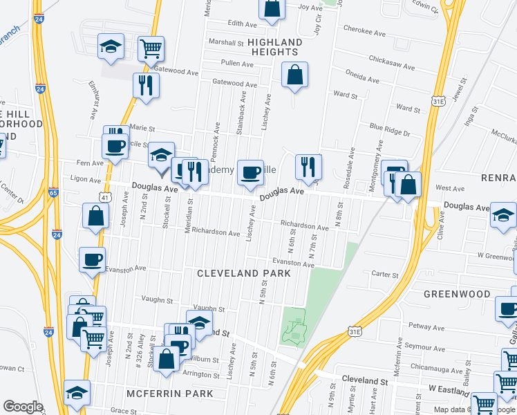 map of restaurants, bars, coffee shops, grocery stores, and more near 1221 Lischey Avenue in Nashville