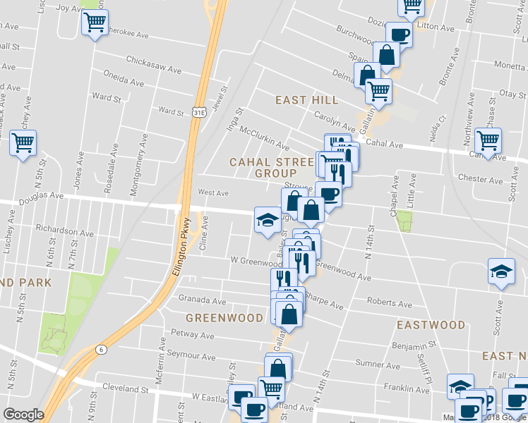 map of restaurants, bars, coffee shops, grocery stores, and more near 921 Douglas Avenue in Nashville