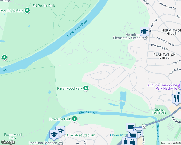 map of restaurants, bars, coffee shops, grocery stores, and more near 5013 Riverbank Drive in Nashville