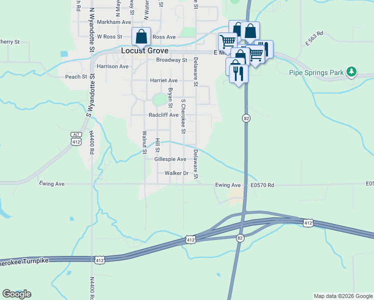 map of restaurants, bars, coffee shops, grocery stores, and more near 503 Gillespie Avenue in Locust Grove