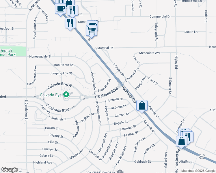 map of restaurants, bars, coffee shops, grocery stores, and more near 2441 Flintstone Street in Pahrump