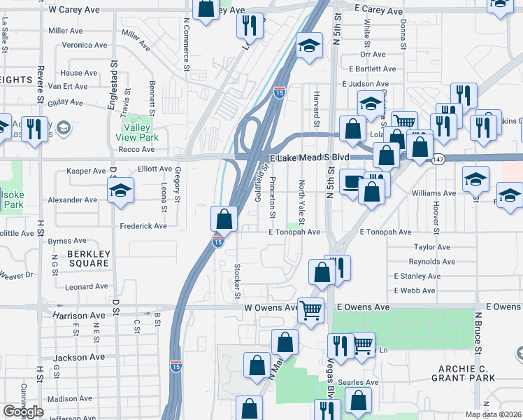map of restaurants, bars, coffee shops, grocery stores, and more near 1836 Goldfield Street in North Las Vegas