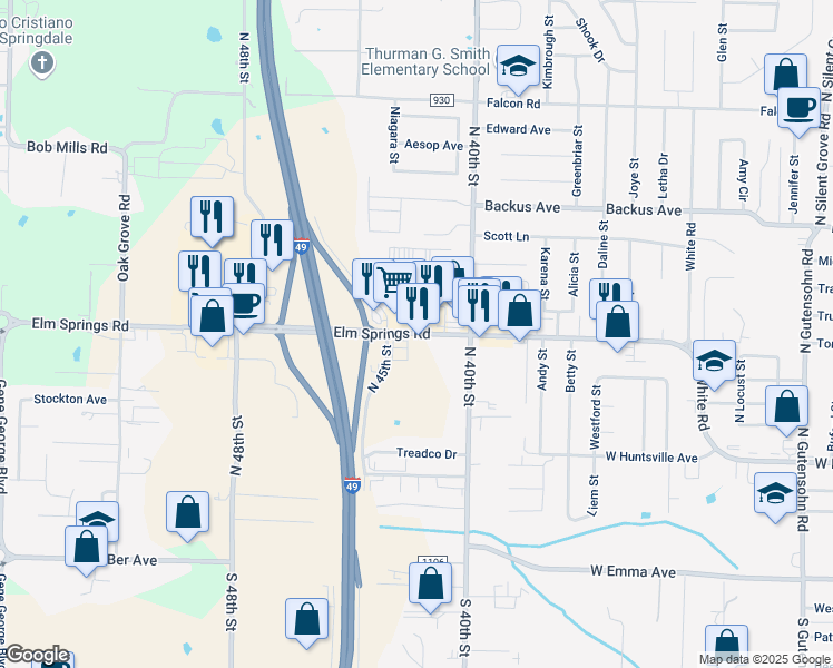 map of restaurants, bars, coffee shops, grocery stores, and more near 4172 Elm Springs Road in Springdale