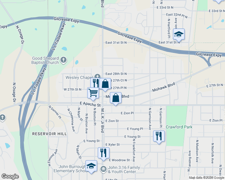 map of restaurants, bars, coffee shops, grocery stores, and more near 219 East 27th Place North in Tulsa