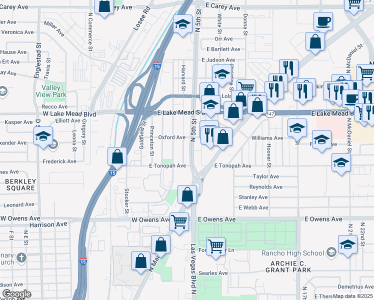 map of restaurants, bars, coffee shops, grocery stores, and more near 2 Harvard Street in Las Vegas