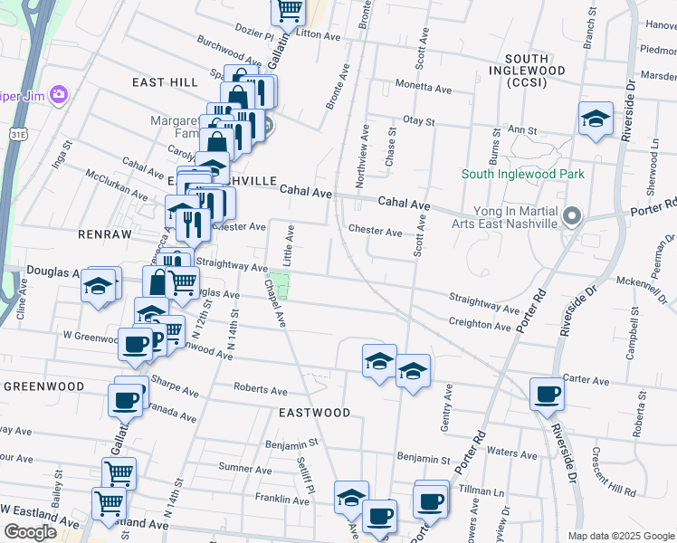 map of restaurants, bars, coffee shops, grocery stores, and more near 1605 Straightway Avenue in Nashville
