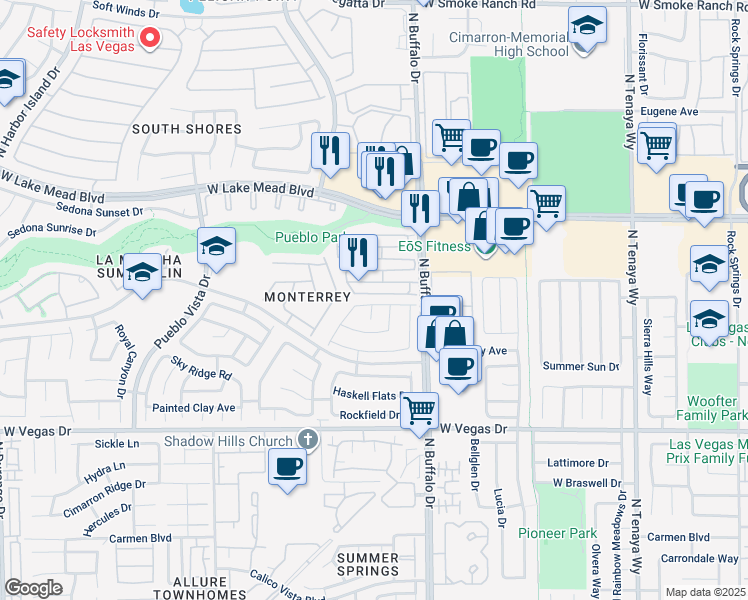 map of restaurants, bars, coffee shops, grocery stores, and more near 7652 Vista Hills Drive in Las Vegas