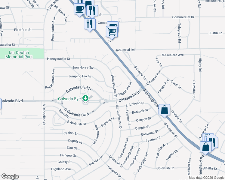 map of restaurants, bars, coffee shops, grocery stores, and more near 2321 Jumping Fox Street in Pahrump