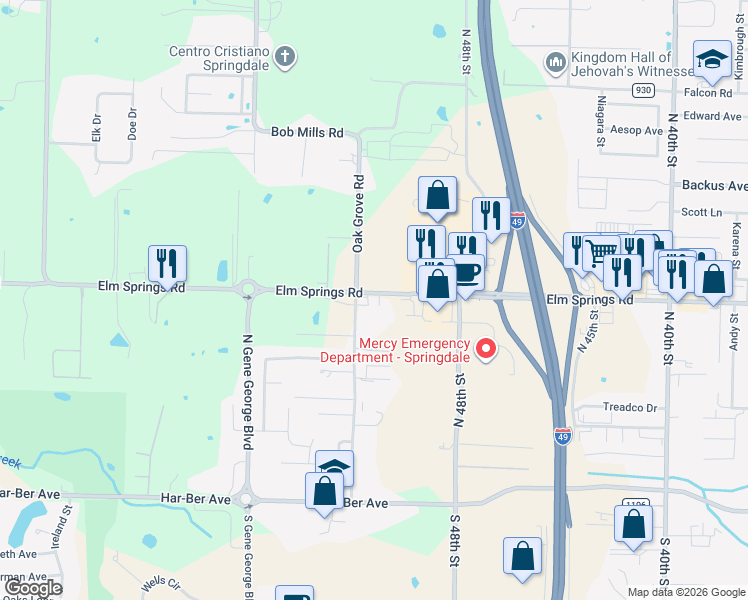 map of restaurants, bars, coffee shops, grocery stores, and more near 5098-5198 Elm Springs Road in Springdale