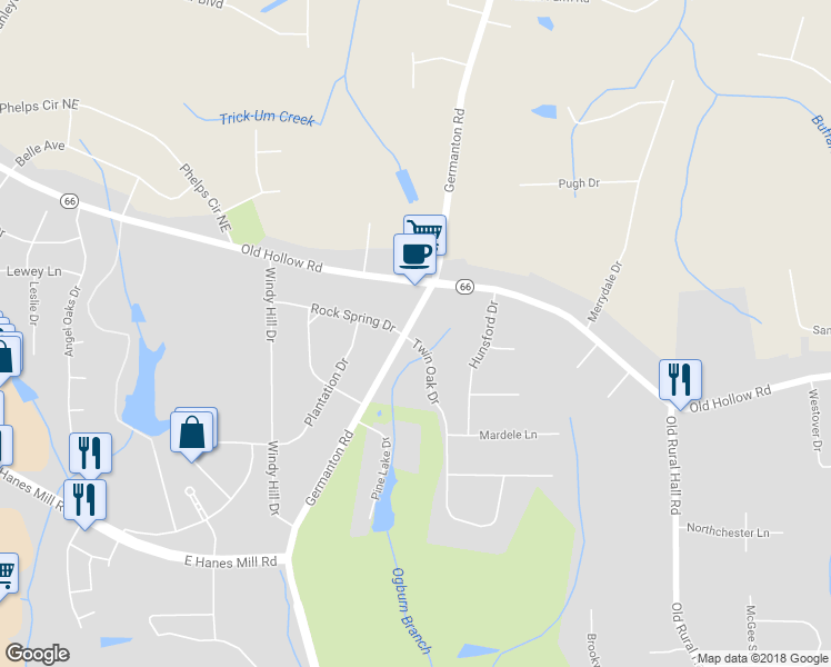 map of restaurants, bars, coffee shops, grocery stores, and more near 1105 Twin Oak Drive in Winston-Salem
