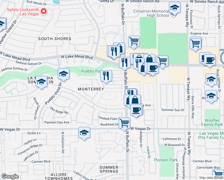 map of restaurants, bars, coffee shops, grocery stores, and more near 7628 Connemara Avenue in Las Vegas