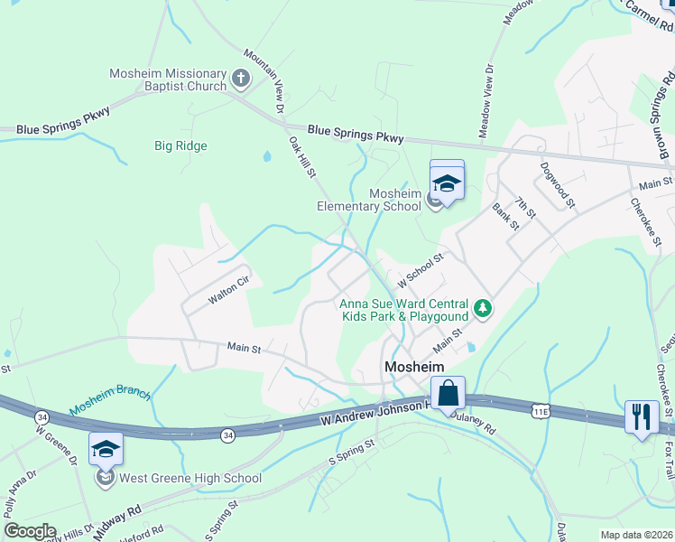 map of restaurants, bars, coffee shops, grocery stores, and more near 75 Ridgeview Drive in Mosheim