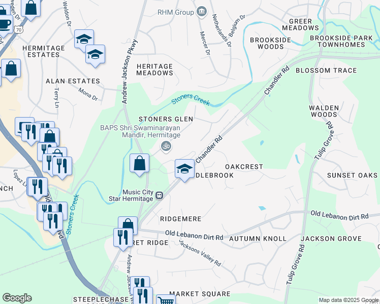 map of restaurants, bars, coffee shops, grocery stores, and more near 4131 Andrew Jackson Parkway in Nashville