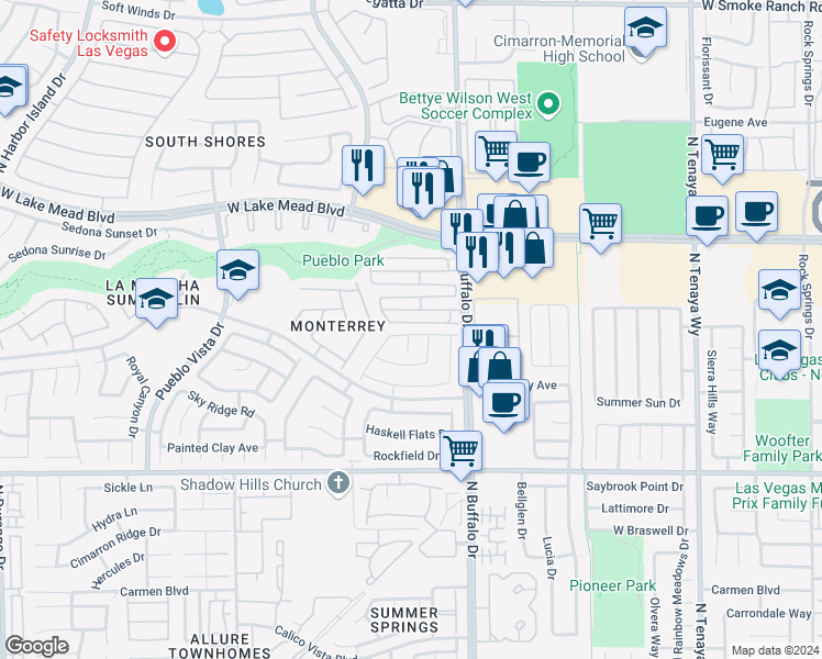 map of restaurants, bars, coffee shops, grocery stores, and more near 7652 Vista Hills Drive in Las Vegas