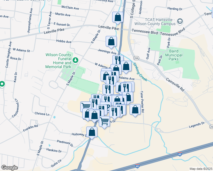 map of restaurants, bars, coffee shops, grocery stores, and more near 604 South Cumberland Street in Lebanon