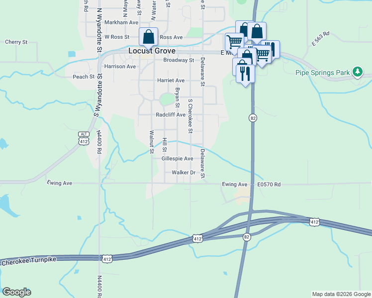 map of restaurants, bars, coffee shops, grocery stores, and more near 503 Gillespie Street in Locust Grove