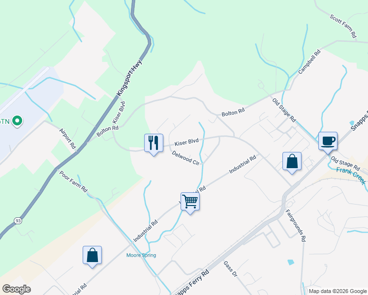 map of restaurants, bars, coffee shops, grocery stores, and more near 904 Kiser Boulevard in Greeneville