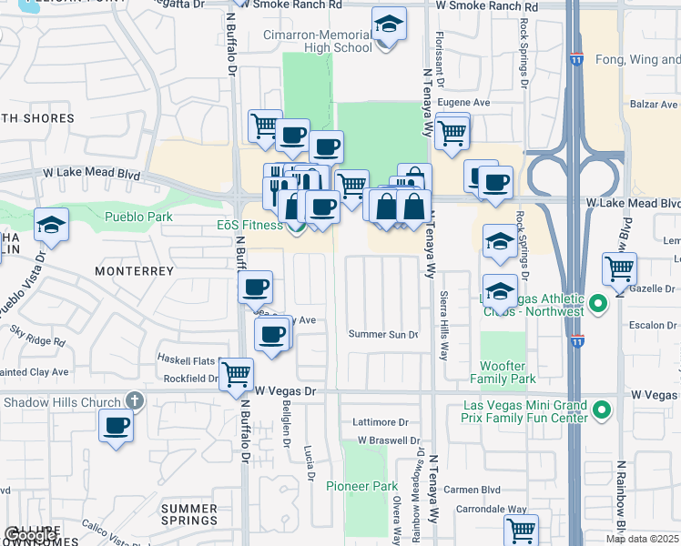 map of restaurants, bars, coffee shops, grocery stores, and more near 1845 Navajo Lake Way in Las Vegas