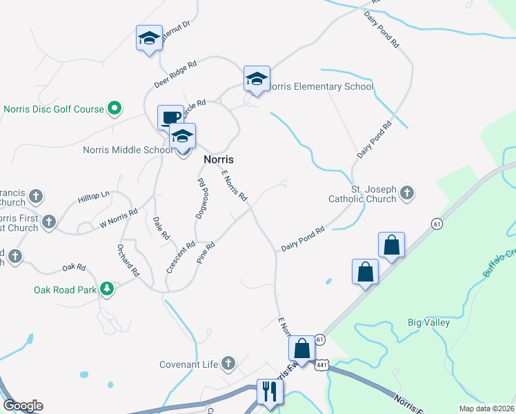 map of restaurants, bars, coffee shops, grocery stores, and more near 25 East Norris Road in Norris