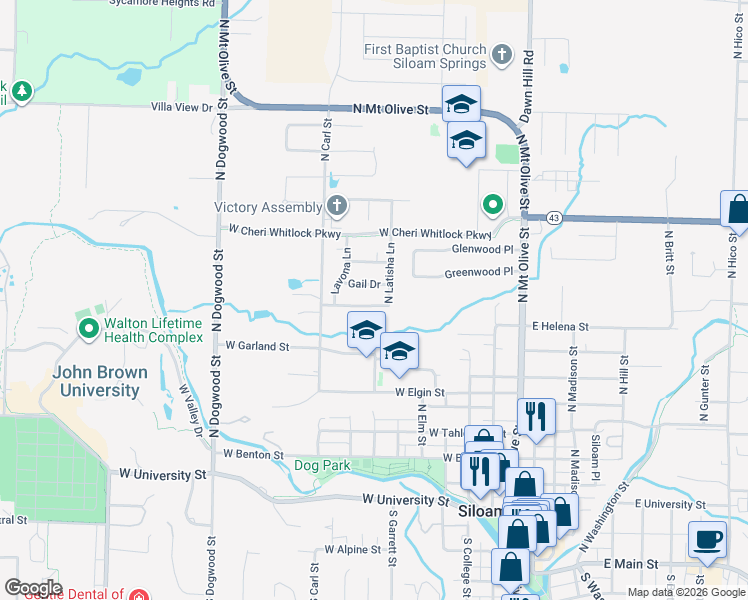map of restaurants, bars, coffee shops, grocery stores, and more near 704 Gail Drive in Siloam Springs