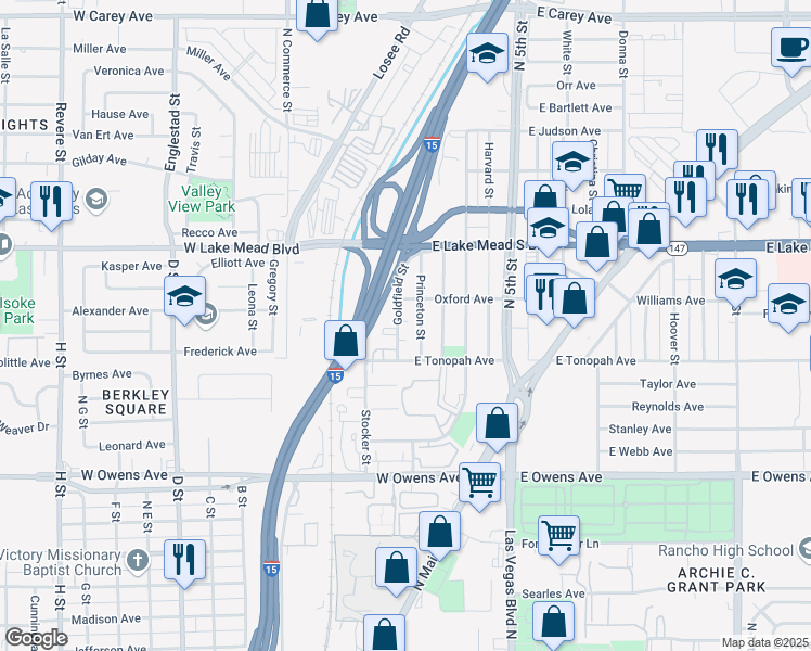 map of restaurants, bars, coffee shops, grocery stores, and more near 1832 Goldfield Street in North Las Vegas