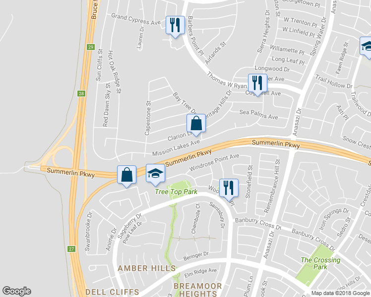 map of restaurants, bars, coffee shops, grocery stores, and more near 10725 Mission Lakes Avenue in Las Vegas