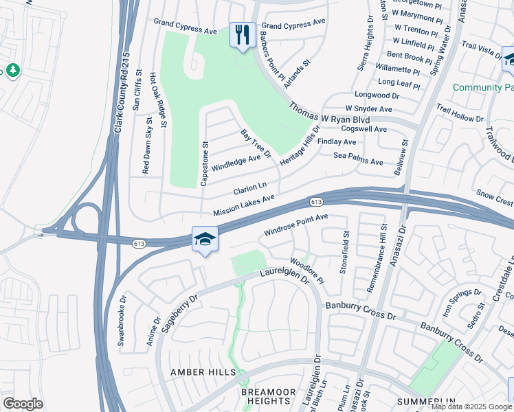 map of restaurants, bars, coffee shops, grocery stores, and more near 10725 Mission Lakes Avenue in Las Vegas
