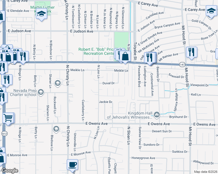 map of restaurants, bars, coffee shops, grocery stores, and more near 1850 Shagbark Lane in Las Vegas