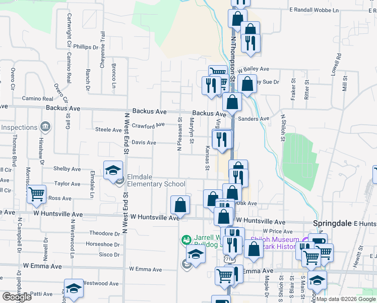 map of restaurants, bars, coffee shops, grocery stores, and more near 905 Marylyn Street in Springdale