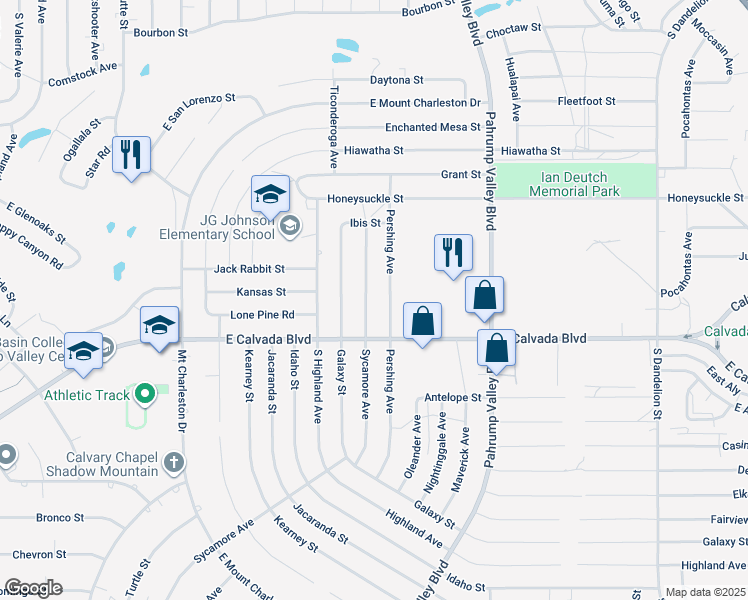 map of restaurants, bars, coffee shops, grocery stores, and more near 1791 Sycamore Avenue in Pahrump