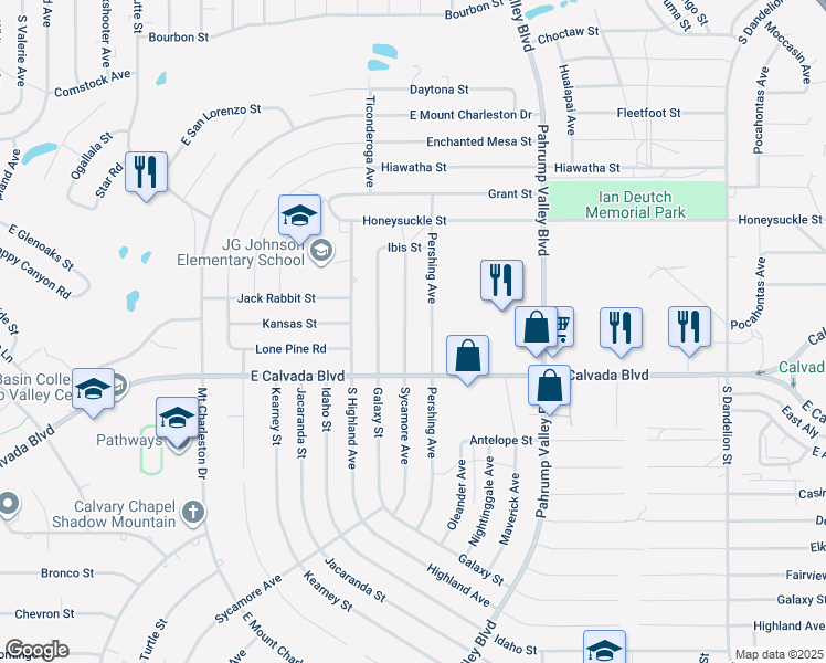 map of restaurants, bars, coffee shops, grocery stores, and more near 1791 Sycamore Avenue in Pahrump
