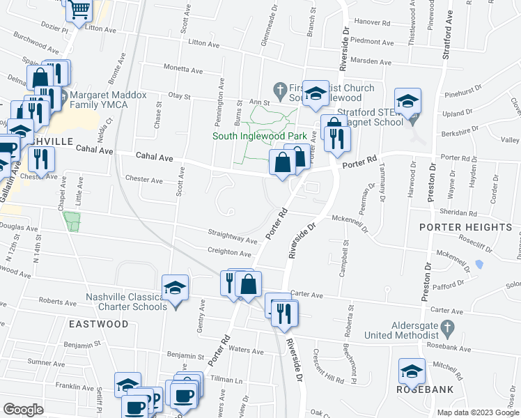 map of restaurants, bars, coffee shops, grocery stores, and more near 1500 Porter Road in Nashville