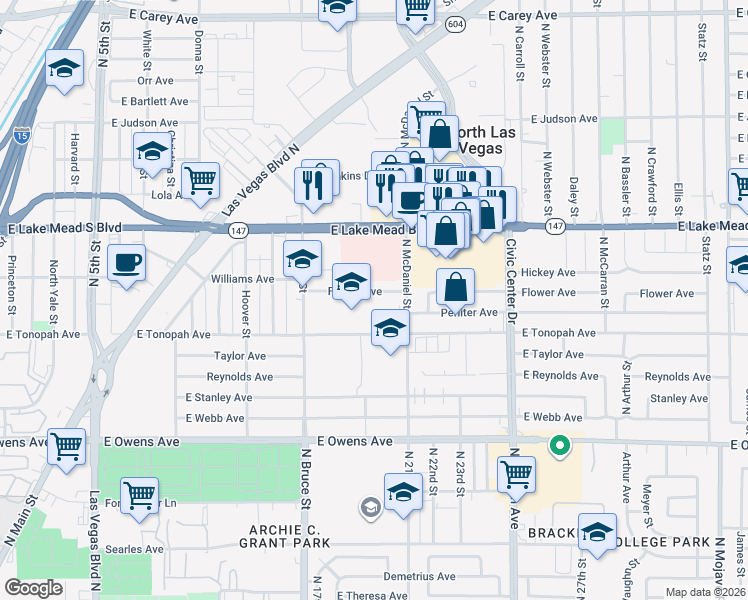 map of restaurants, bars, coffee shops, grocery stores, and more near 1617 Flower Avenue in North Las Vegas