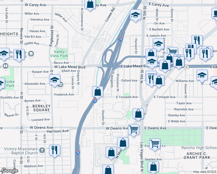 map of restaurants, bars, coffee shops, grocery stores, and more near 1836 Goldfield Street in North Las Vegas