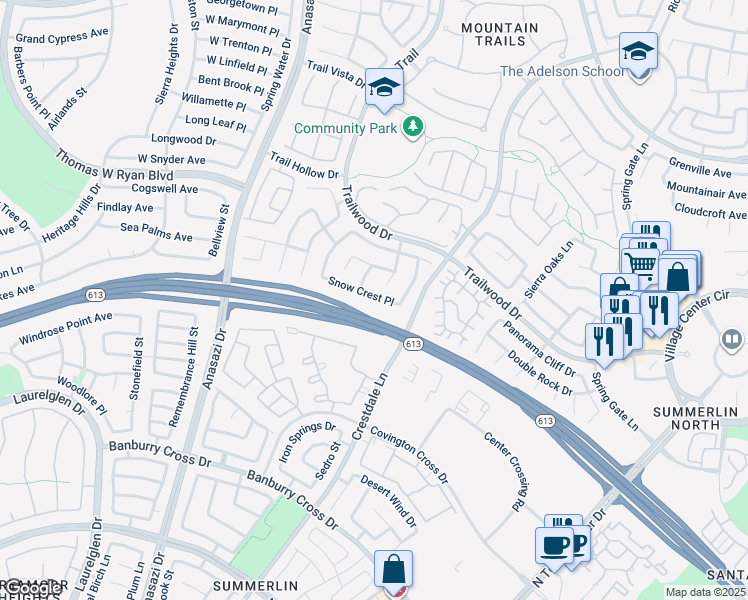map of restaurants, bars, coffee shops, grocery stores, and more near 10016 Snow Crest Place in Las Vegas