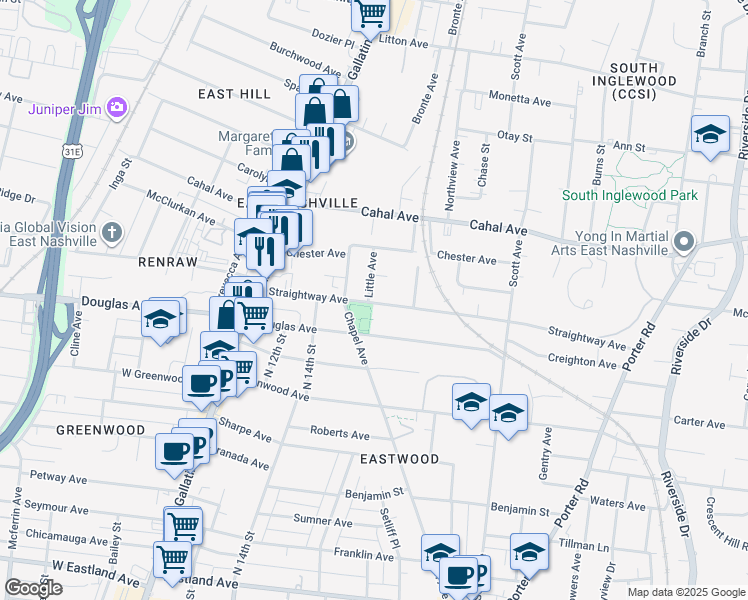 map of restaurants, bars, coffee shops, grocery stores, and more near 1511A Straightway Avenue in Nashville