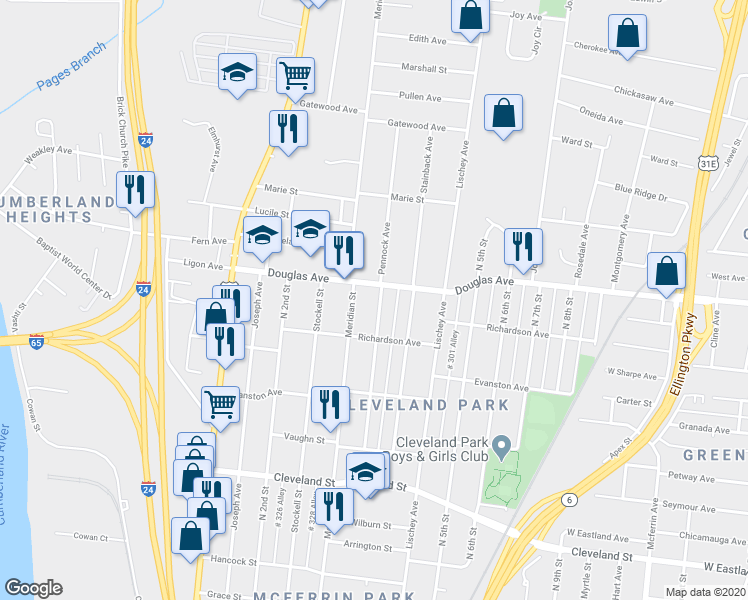 map of restaurants, bars, coffee shops, grocery stores, and more near 1220 Pennock Avenue in Nashville