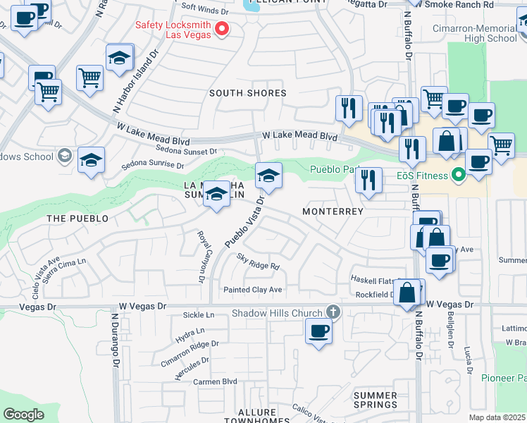 map of restaurants, bars, coffee shops, grocery stores, and more near 8036 Sierra Largo Drive in Las Vegas