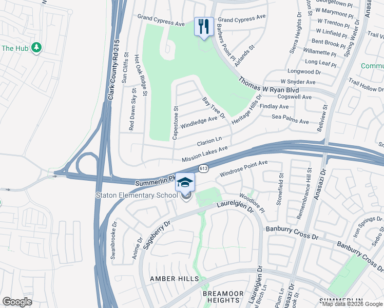 map of restaurants, bars, coffee shops, grocery stores, and more near 10825 Clarion Lane in Las Vegas